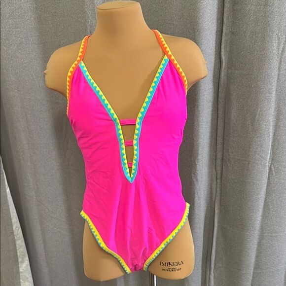 POPVIL Vibrant Pink One-Piece Swimsuit with Colorful Trim - Picture 10 of 10